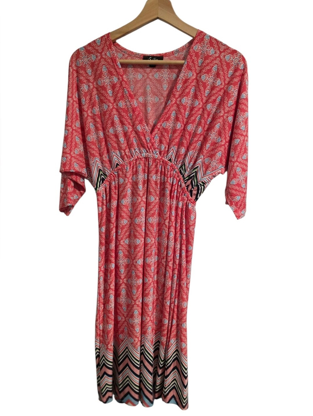 5th & Love Paisley & Chevron Boho Print Empire Waist 3/4 Sleeve Midi Dress Sz L